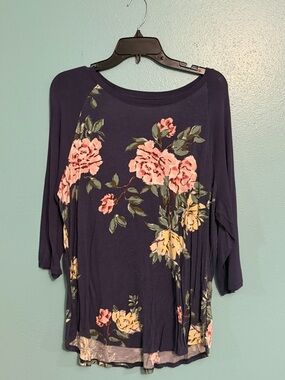 Navy Floral Raglan Long Sleeve Top - Pink & Yellow Blooms